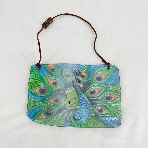 VTG Peacock Bird Stained Glass Window Hanging Sun Catcher Colorful 6.5" x 4.25" - Picture 3 of 3